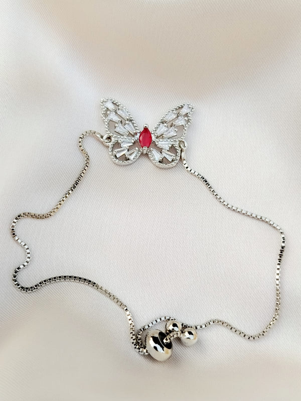 Adjustable elegant butterfly silver coloured  bracelet with red rhinestone for girls and women